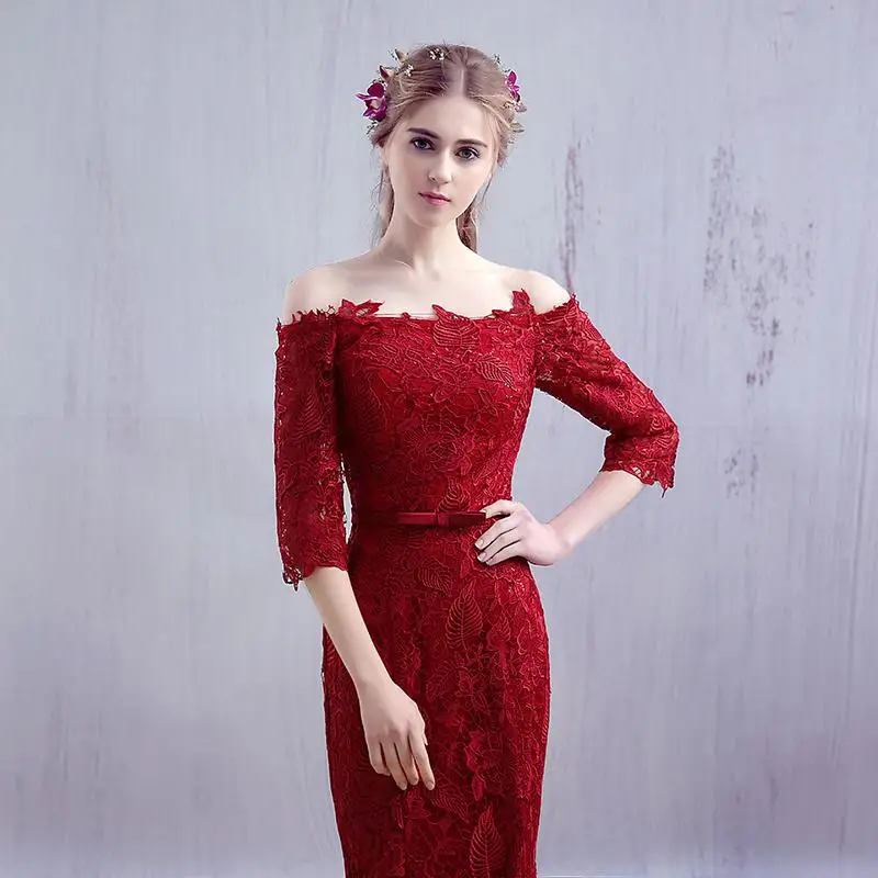 Кружевное платье с открытыми плечами для выпускного вечера es Mermaid Gala Jurken vestido de festa Бордовое платье для выпускного вечера с длинным рукавом женское вечернее платье - Цвет: Burgundy