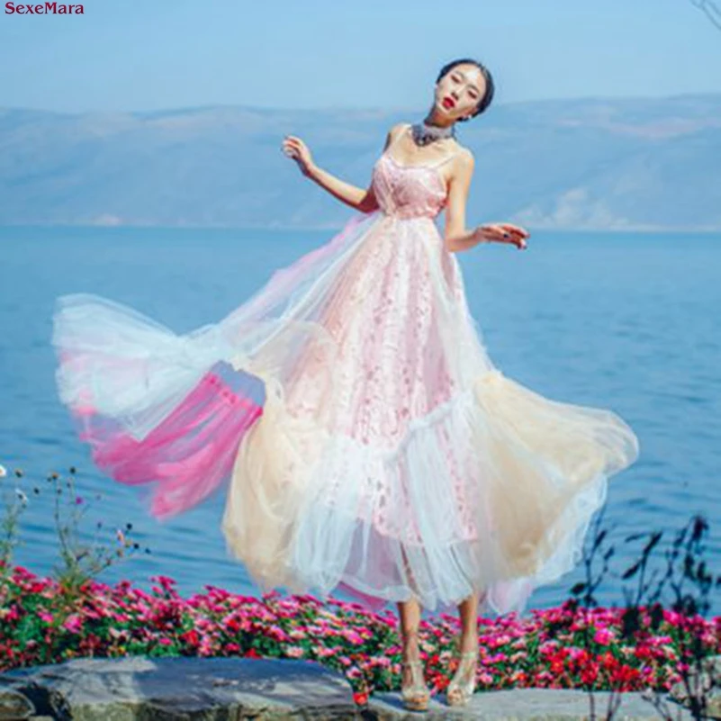 SexeMara fashion The New Backless Sling V collar Lace Splice rainbow Net yarn Holiday Beach dress Free shipping | Женская одежда