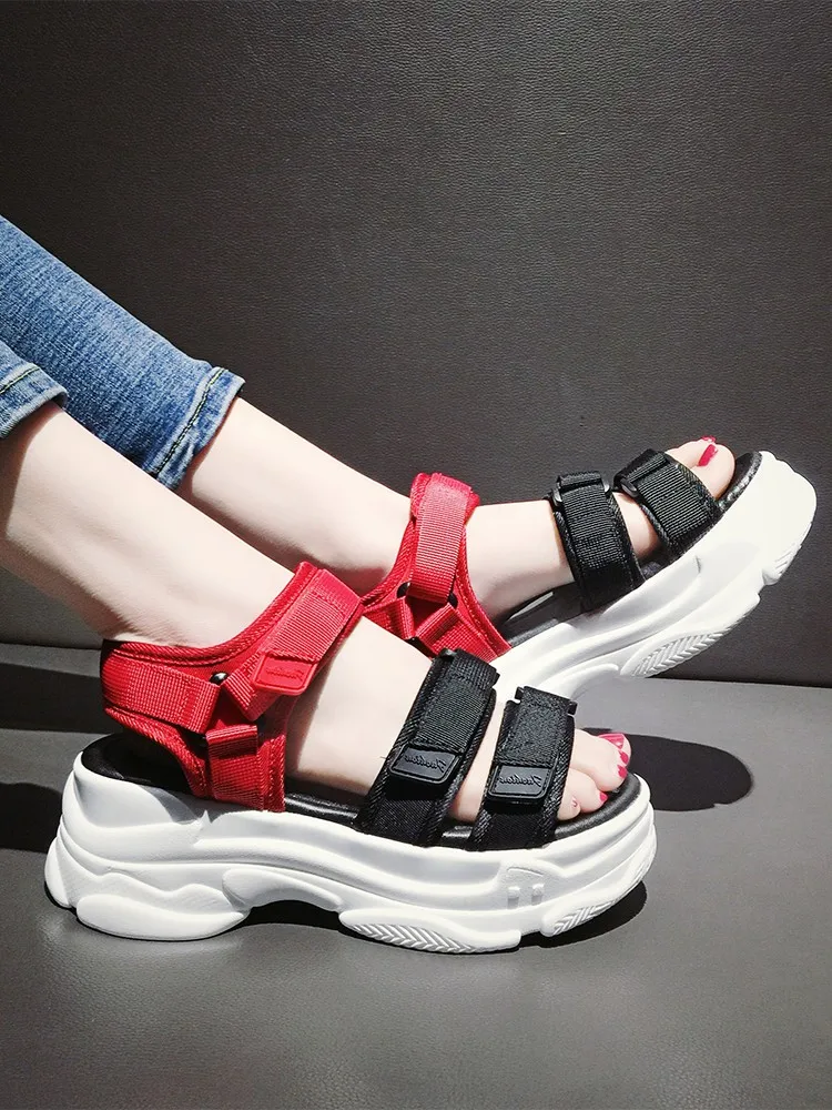 Классические белый красный крюк петля женские босоножки летние на толстой