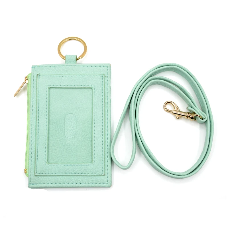 Light Green BONAMIE Производитель ID держатель для карт для Для женщин кожа Бизнес держатель для карт с портмоне девушка шеи шнурок для ключей молния набор автобус карты - Цвет: Light Green