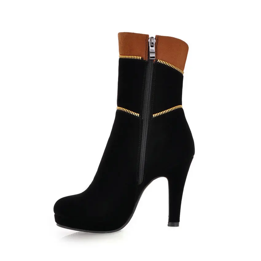 Женские сапоги до середины икры QUTAA черные с круглым носком на высоком квадратном