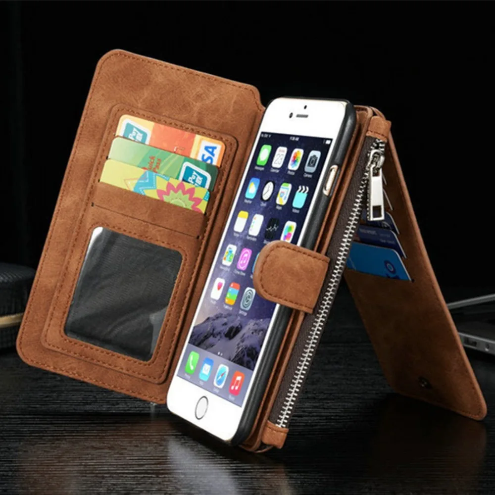 

vintage Leather Case Cover Zipper Wallet Card Multifunction Removable For iPhone 12 Mini 11 Pro X XS Max 6 plus 7 8 plus