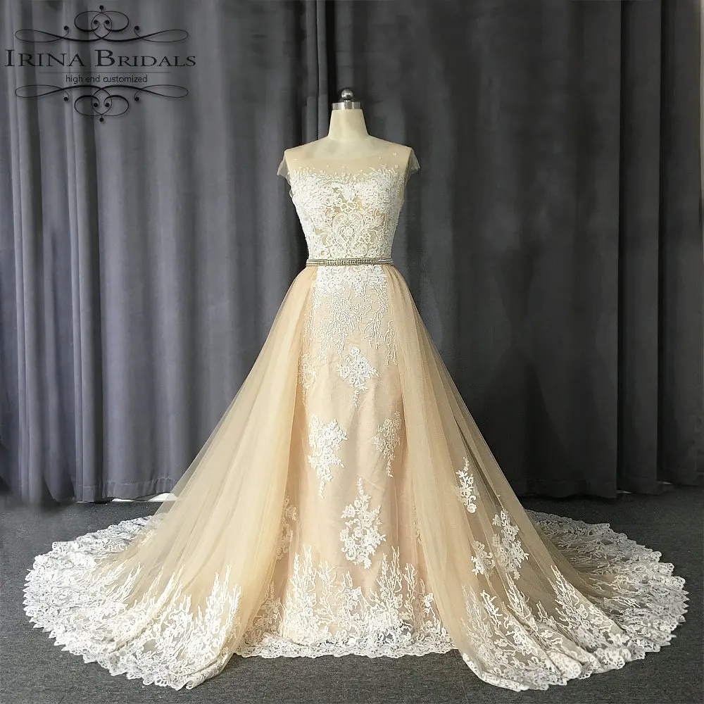 Кружевная аппликация с жемчугом Irina Bridals свадебное платье цвета шампанского со