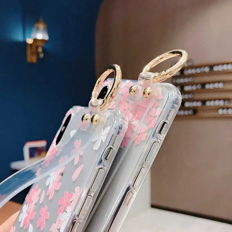 Boucho Transparent Wrist Strap Phone Case For iphone XR X Xs max 6 6s 7 8 plus Fashion Flower Pattern Cover |