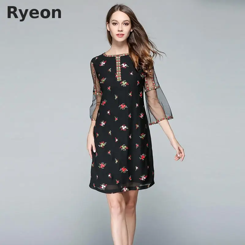 Ryeon Большой Размер Летнее Платье Сексуальная Mesh Черный Плюс Старинные Вышивки