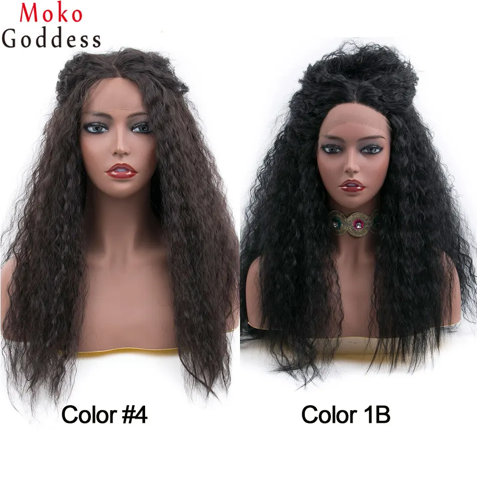 Mokogoddess, 24 дюйма, длинные, афро, кудрявые, прямые, черные, парик из синтетического кружева спереди, парик из термостойкого кружева спереди, парики для женщин