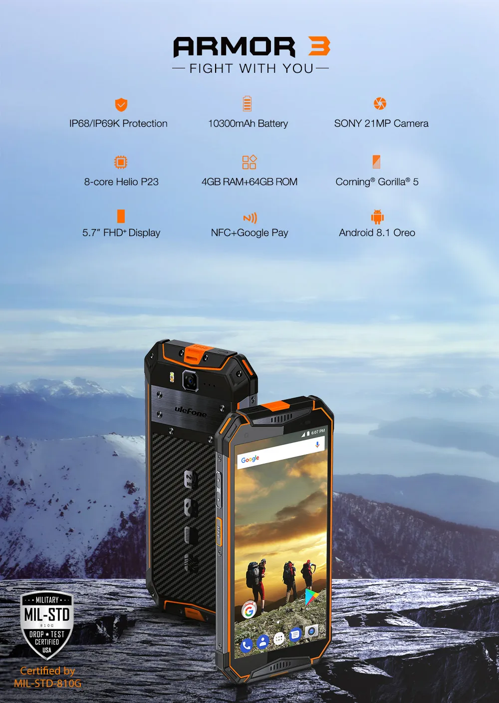 Ulefone Armor 3 4 Гб + 64 IP68 водонепроницаемый мобильный телефон Android 8 1 5 7 ''Helio P23 Octa Core