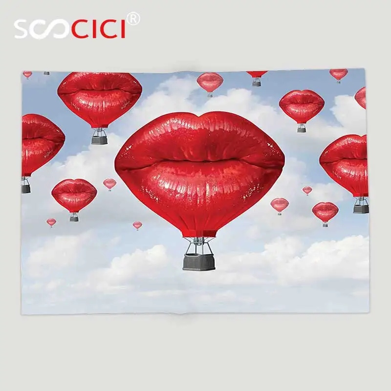 Comprare Personalizzato Morbido Pile Rimessa Laterale Coperta Fantasy Decor Donna Sexy Labbra A Forma Di Hot Palloncini Nel Cielo Disegno Divertimento Romantico Surreale Rosso
