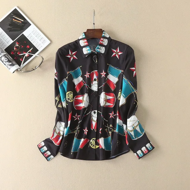 Блузка женская шифоновая с отложным воротником длинным рукавом и принтом