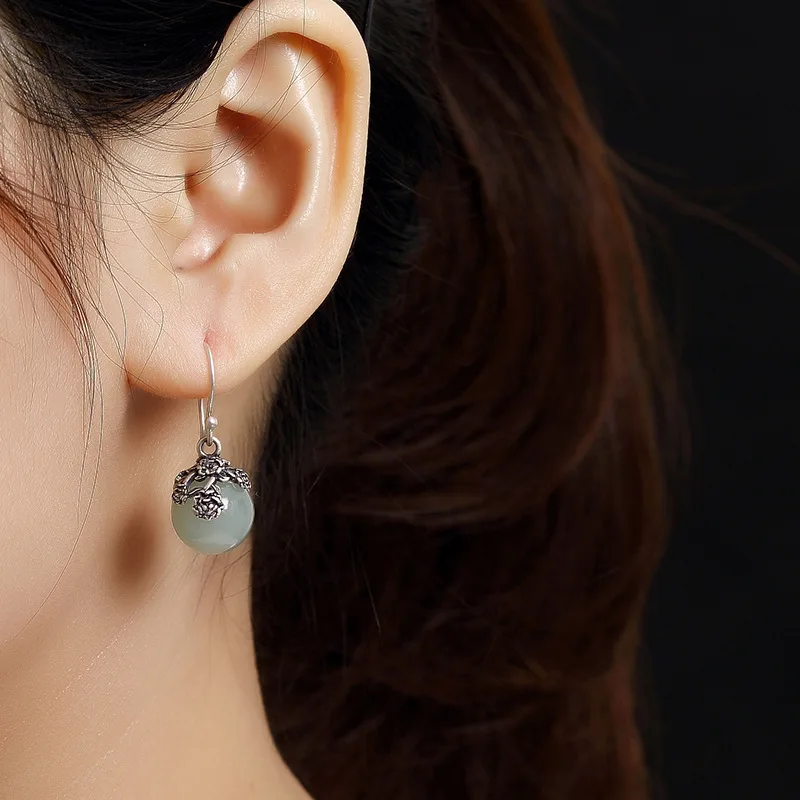 2018 Promotion Time-limited Brinco S925 Pure Antique Inlaid Natural Hetian Jade Bead Lady High-end Earrings Wholesale | Украшения и