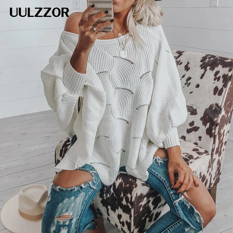 UULZZOR Loose Solid Hollow Out Women sweater Spring Autumn Sweaters Fashion Pullover Long Sleeve Knitted Female | Женская одежда