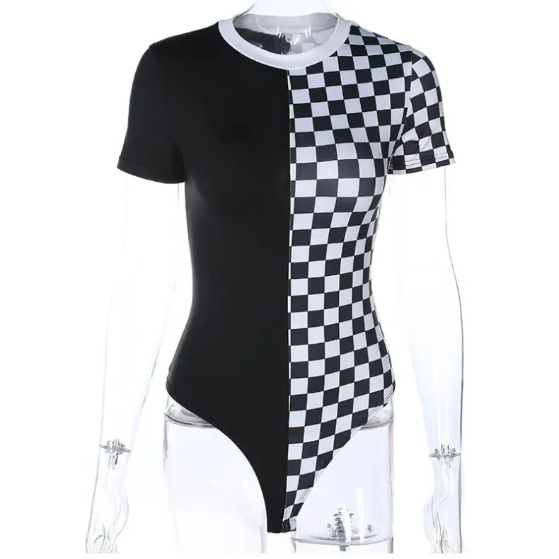 Клетчатый короткий рукав женское Боди Лоскутная черная шахматная доска Femme боди