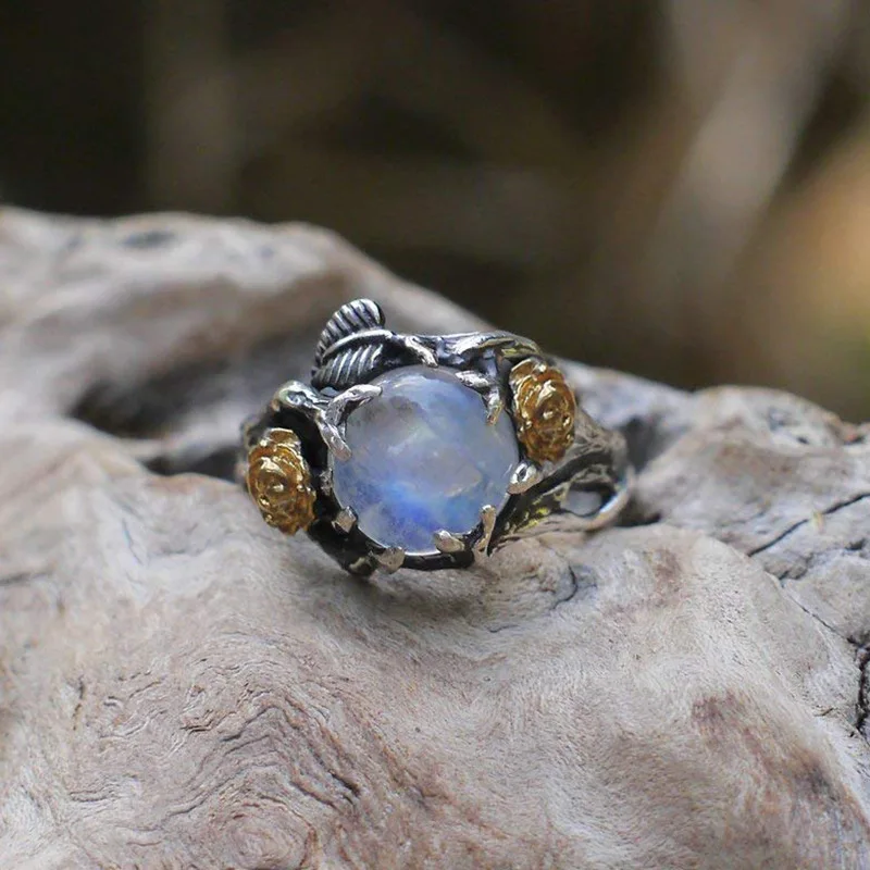 Retro Flower Shape Rings for Women Blue Round Colorful Opal Stone Gold Knuckle Two-tone Wedding Ring Love Jewelry Accessories | Украшения и