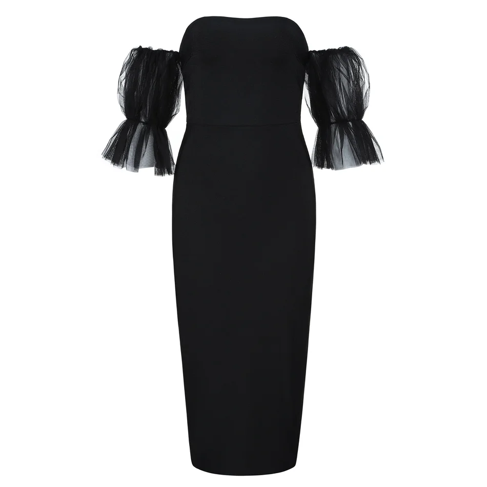 Черное Сетчатое платье миди с открытыми плечами вырезом лодочкой и пышными