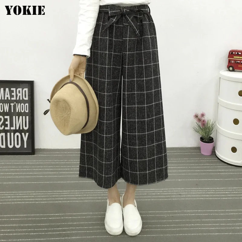 Летний стиль женские широкие брюки клетчатые льняные хлопковые высокая