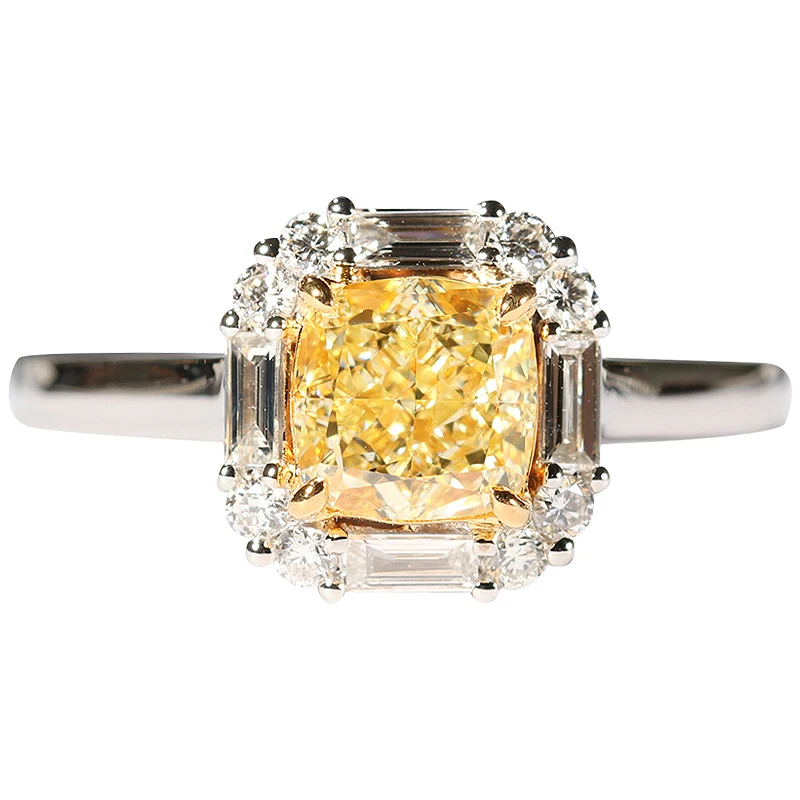 Solid 18K White Gold Yellow Moissanite Centre 2ct Cushion Ice Cut Side Baguette Wedding Ring Jewelry For Women | Украшения и