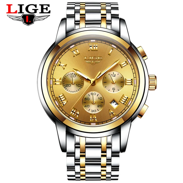 Full gold Новые часы мужские роскошные брендовые LIGE с хронографом мужские спортивные часы водонепроницаемые полностью Стальные кварцевые мужские часы Relogio Masculino - Цвет: Full gold