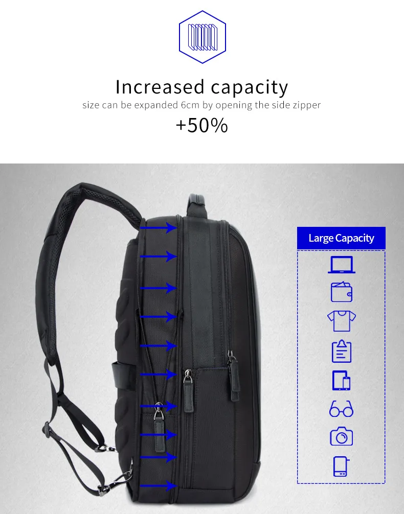BOPAI, брендовый рюкзак для увеличения, USB, внешняя зарядка, 15,6 дюймов, рюкзак для ноутбука, плечи, мужской, Противоугонный, водонепроницаемый, рюкзак для путешествий