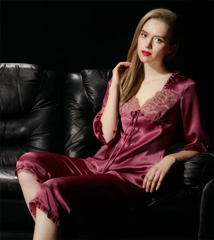 Женский пижамный комплект из двух предметов 100% шелк тутового цвета пижама