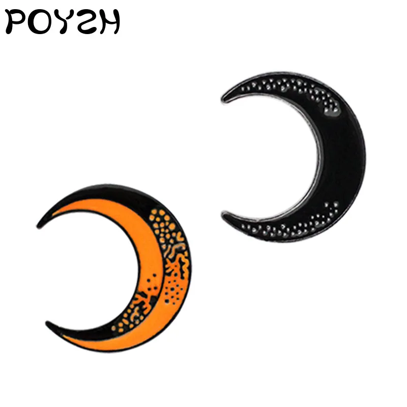 Лунная брошь с эмалью черная оранжевая полумесяц металлическая лацканами|Броши|
