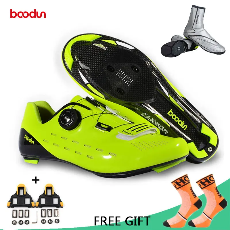 with cleat and cover Boodun, профессиональная велосипедная обувь из углеродного волокна, Мужская обувь для гонок, шоссейного велосипеда, Ультралегкая дышащая обувь, самоблокирующиеся велосипедные кроссовки - Цвет: with cleat and cover