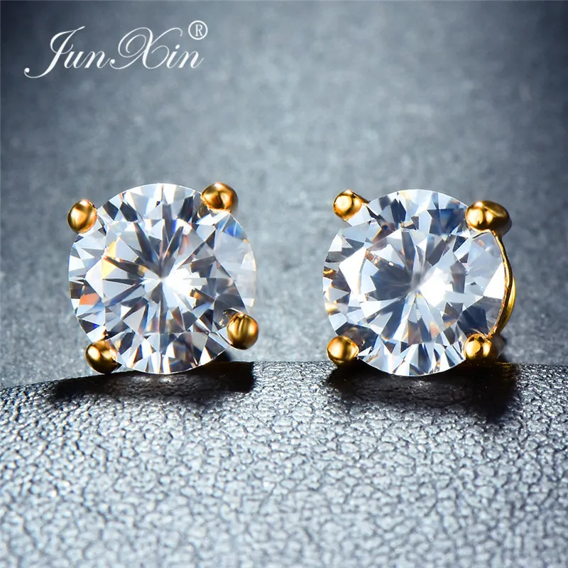 JUNXIN Mystic Multicolor Zircon Round Stud Earrings For Women Yellow Gold Filled Purple Green Blue Stone Wedding Female | Украшения и