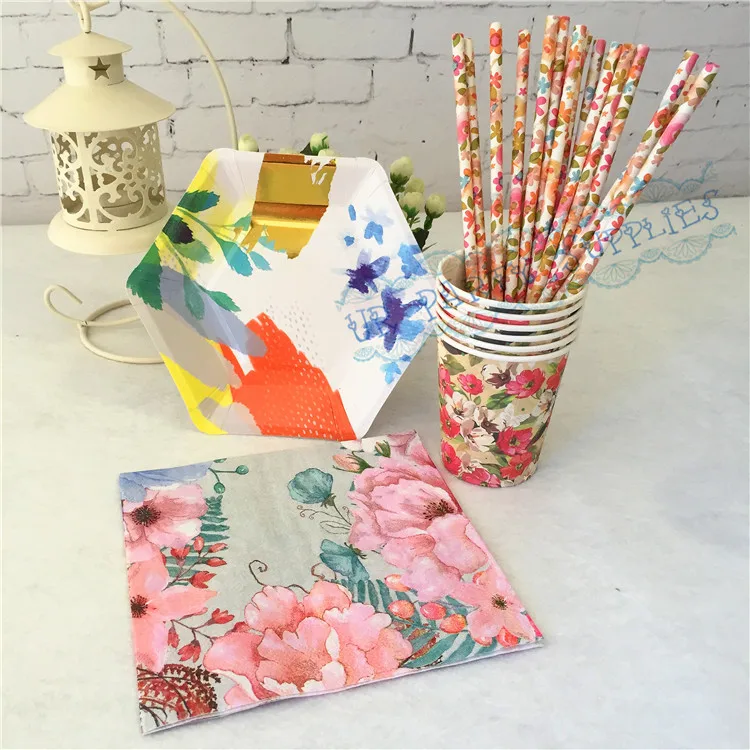 72 набора бумажных тарелок с Тропическими Цветами яркие цветочные чашки вечерние