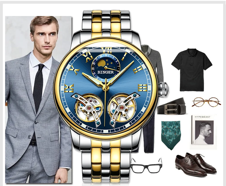 Double tourbillon Luxury Men watch Automatic mechanical Watch BINGER Famous Brand Watch Gold Case Blue Dial Double relogio