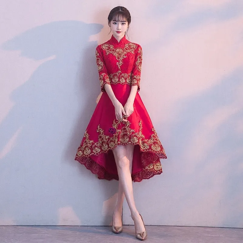 Красное китайское платье Qipao вечерние платья невесты Cheongsam новое вечернее