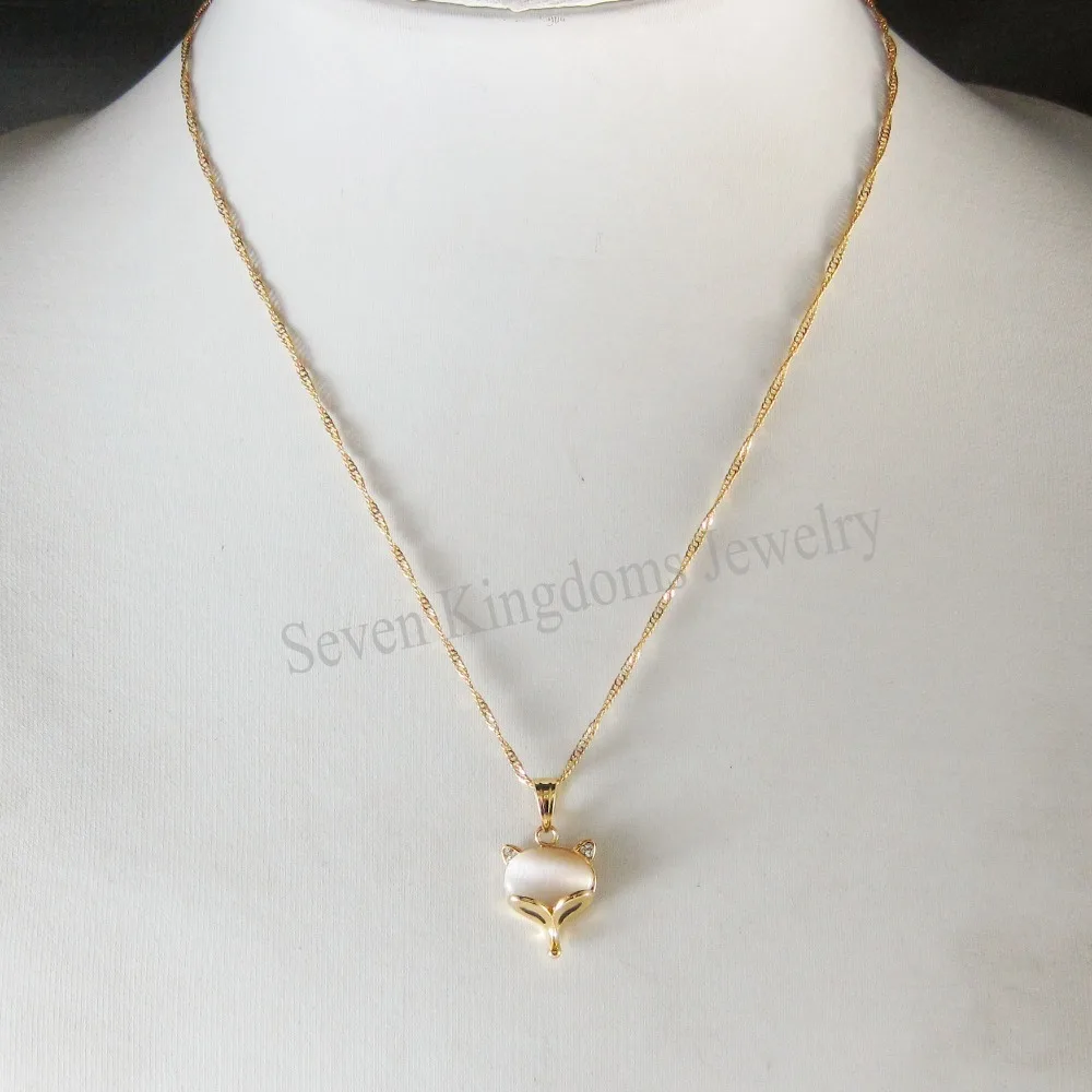Min Order 10$ Can mix design/- YELLOW GOLD GP 18.5&quot NECKLACE &amp FOX FACE PINK/WHITE CAT EYE CZ STONE PENDANT | Украшения и