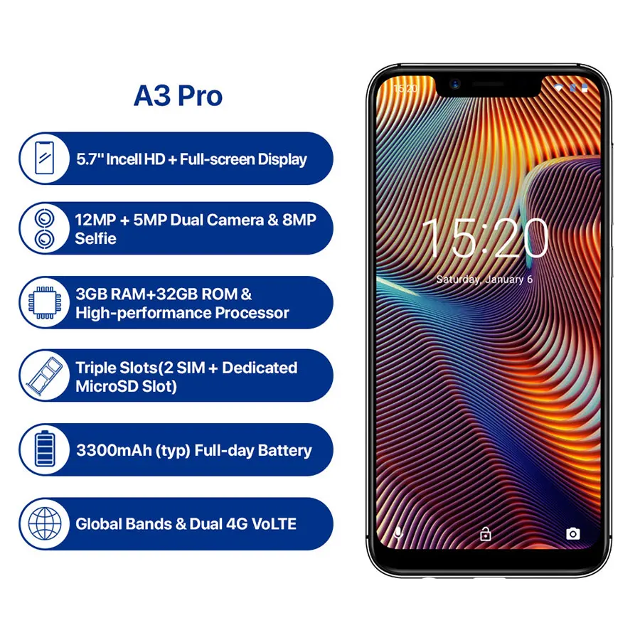 UMIDIGI A3 Pro Android 8 1 5 7 ''HD 19:9 полный Экран 3 Гб оперативной памяти 32 встроенной 4 ядра