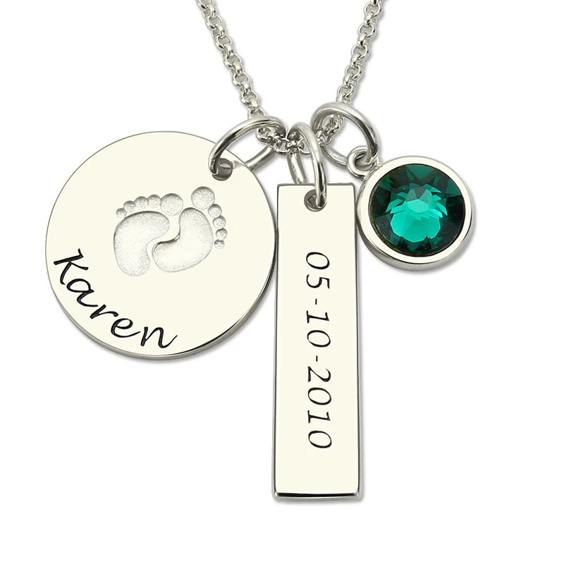 Серебряное ожерелье для детской ступни персонализированное с именем и датой