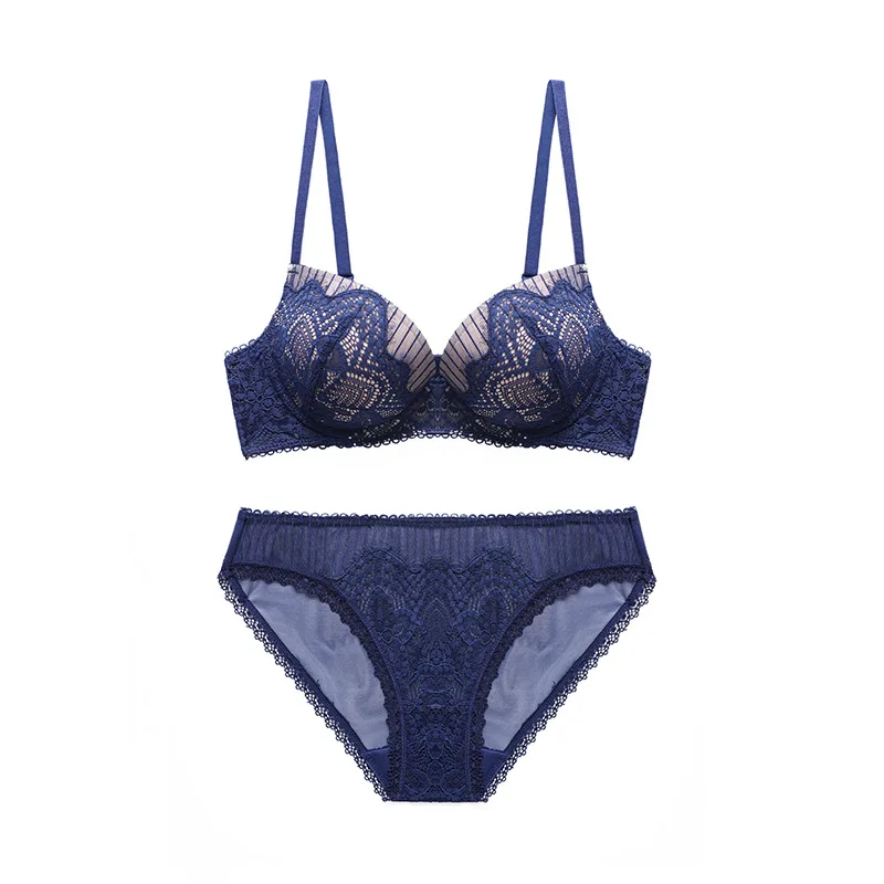 dark blue Кружевной комплект из бюстгальтера и трусиков в стиле пэчворк с ресницами; бюстгальтеры для девочек со съемными бретельками; нижнее белье с пуш-ап и средней подкладкой для женщин - Цвет: dark blue