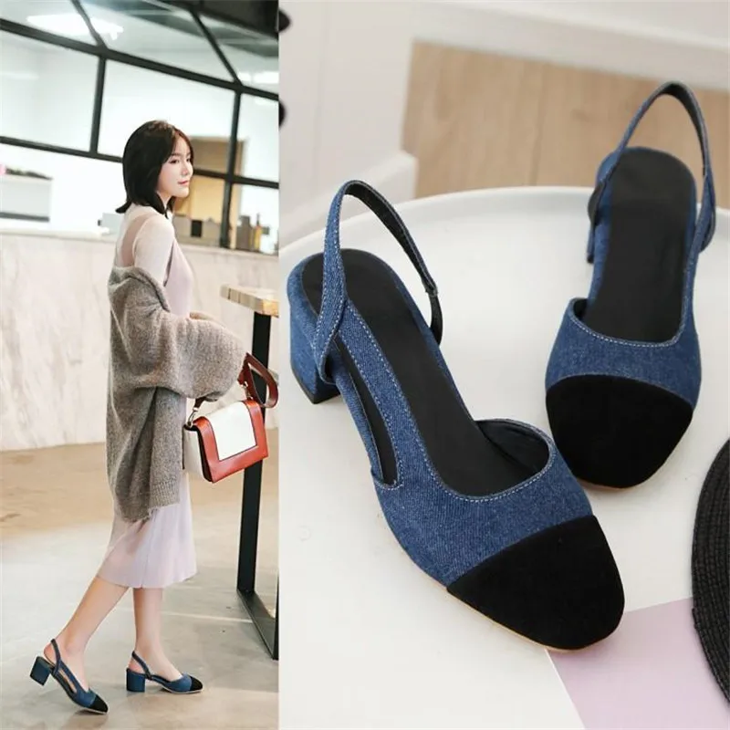 

Denim Color Block Women's Thick Heel Shoes Shallow Mouth Women's Pumps 2019 Spring Summer Ladies Single Casual Shoes Big Size 45