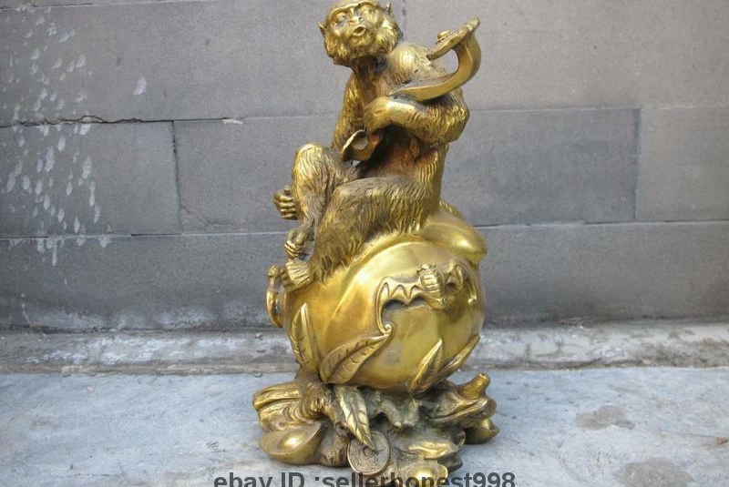 China Folk Feng Shui Brass RuYi YuanBao monkey Ride peach Auspicious Statue | Дом и сад