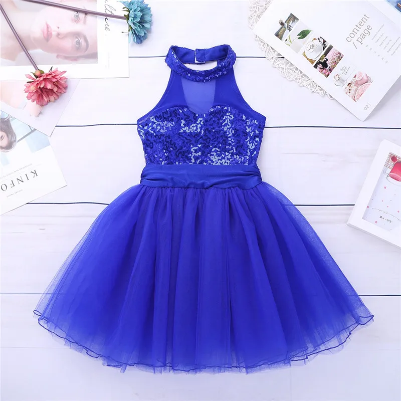 Kids Girls Mock Neck Ballet Dance Dress Gymnastic Leotard Shiny Sequins Sleeveless Mesh Splice Ballet Leotard Flower Girls Dress
