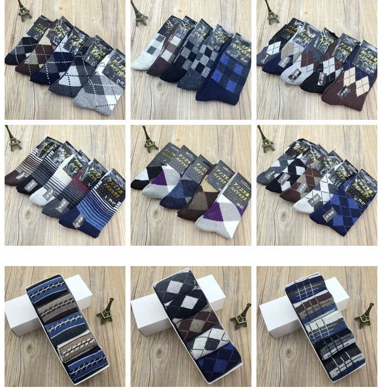 Fcare 10 PCS=5 pairs Men's diamond plaid striped men's socks rabbit wool winter | Мужская одежда