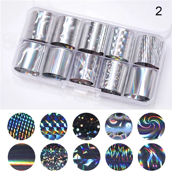 Set 10 10 шт Голографическая фольга для ногтей, Набор 2,5*100 см, маникюр, сделай сам, дизайн ногтей, украшения, прозрачный цвет AB, переводная наклейка для ногтей - Цвет: Set 10