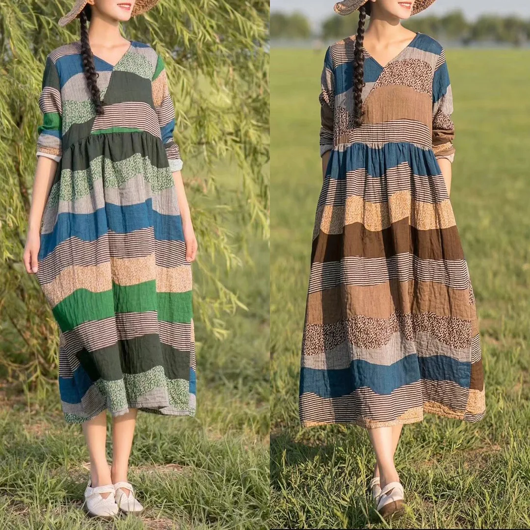 YoYiKamomo хлопковое льняное женское платье 2019 макси осень весна Национальный принт