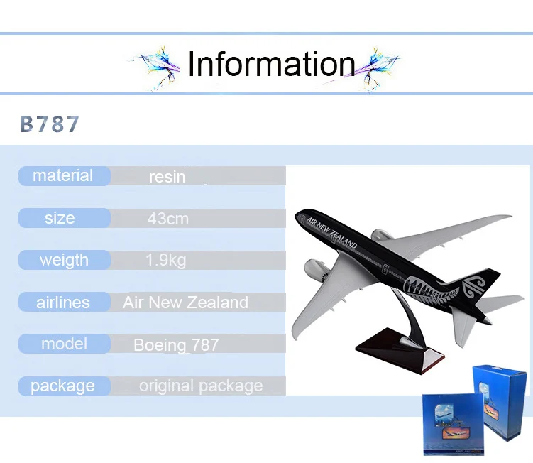 43 см Смола Boeing 787 Новая Зеландия авиакомпания модель Air Новая Зеландия самолет модель B787 Airways Airbus стенд ремесла черный