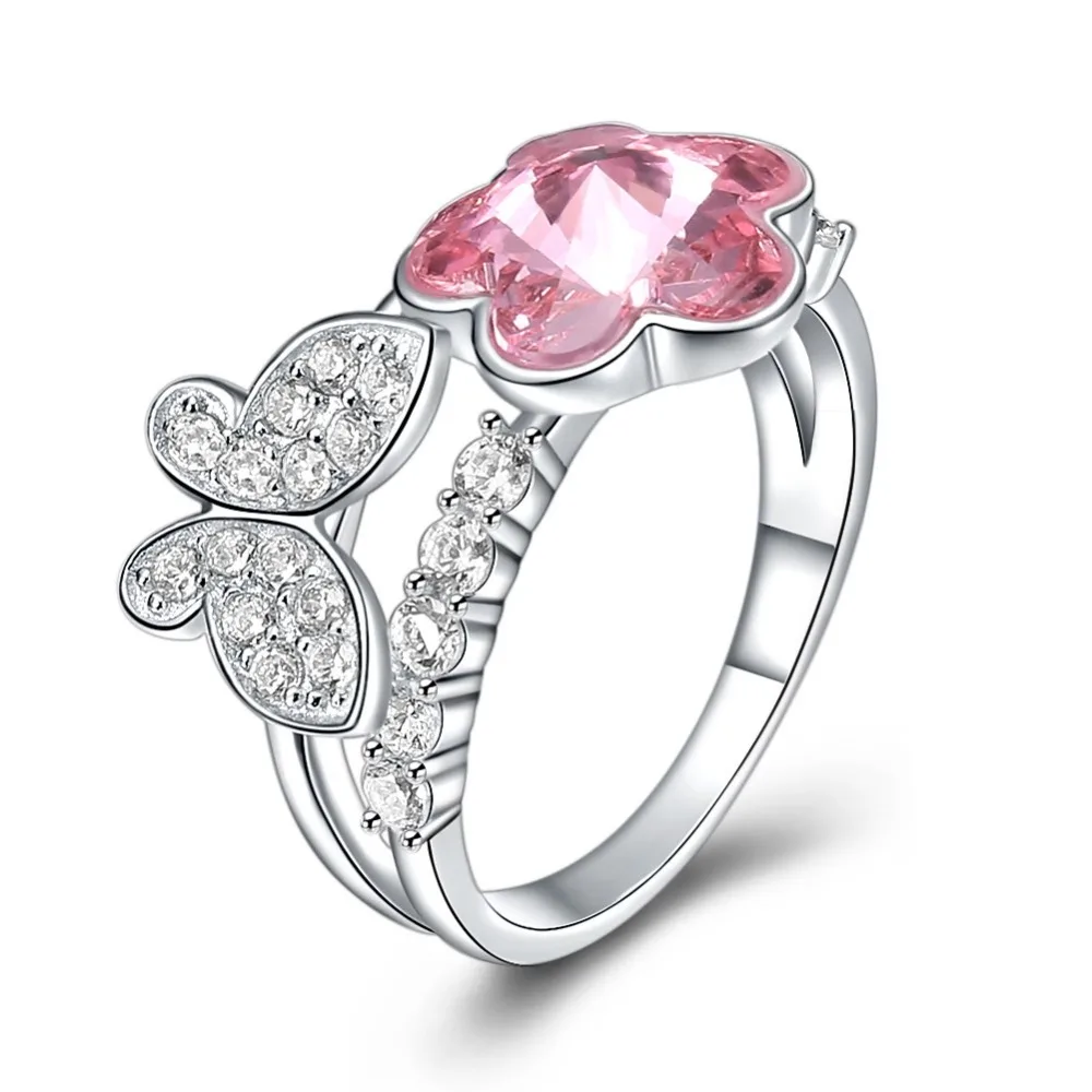 

925 Sterling Silver Ring Lady Fine Jewelry for Women S925 Silver Rings Brand Crystal Pink Star Butterfly Finger Wears Party Ring