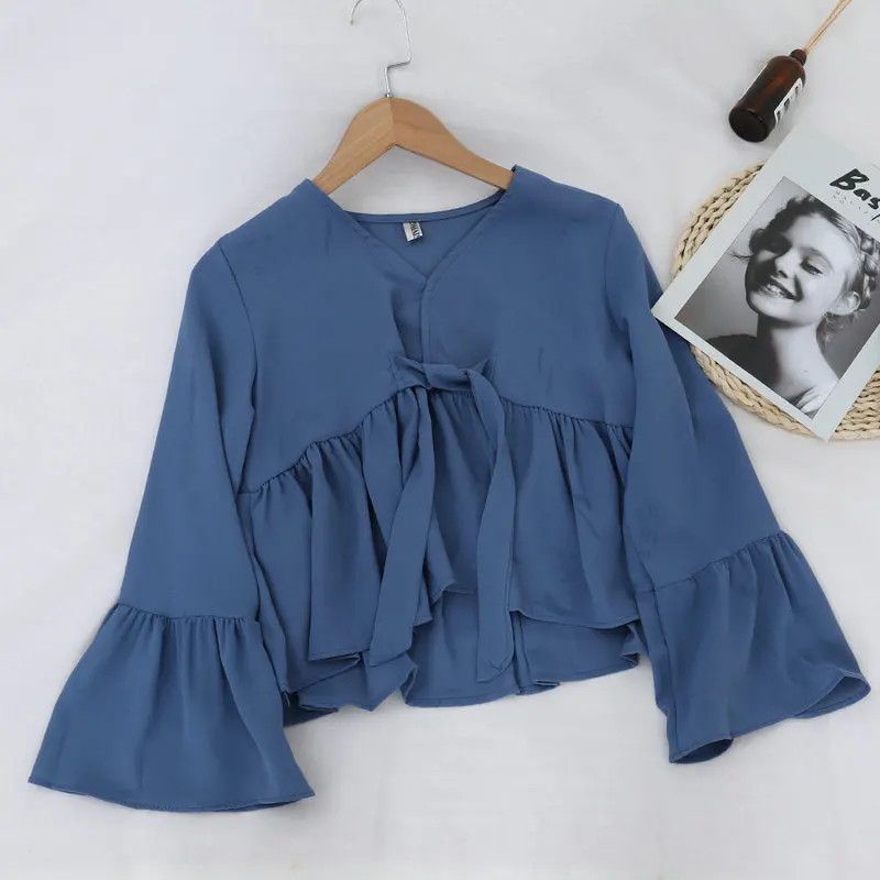 Women Shirt Женская летняя шифоновая рубашка с v-образным вырезом и расклешенными рукавами на завязках, с оборками, Базовая рубашка с бантом, винтажная короткая тонкая плиссированная блузка с высокой талией, топы - Цвет: Women Shirt