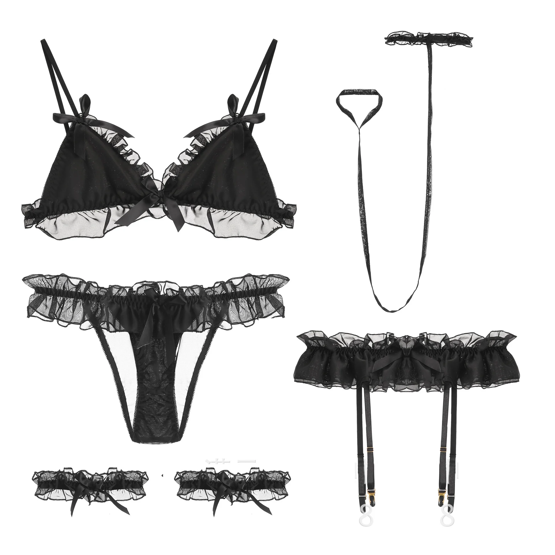 Сексуальное женское шифоновое японское нижнее белье милый Лолита бюстгальтер с оборками трусики с подвязкой Связывание каваи ночное белье костюм Банни униформа - Цвет: Черный
