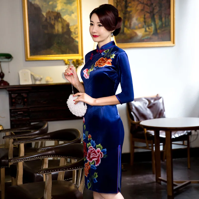 Chinese cheongsam short qipao velvet print slim vintage women oriental dresses tradicional party wedding Bride dresss M-XXXL |