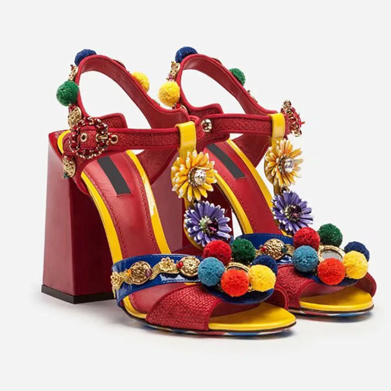 

2019 Bohemia Gladiator Sandals Women Peep Toe Mixed Color Rhinestone Flower Bom Bom High Heel Shoes Woman Wedding Shoes