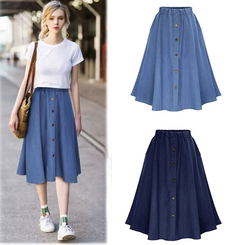

Korean Preppy Style Denim Skirts Female 2019 Casual Button Jean Skirt Nature Waist Fashion Women Female Big Hem Long Skirt