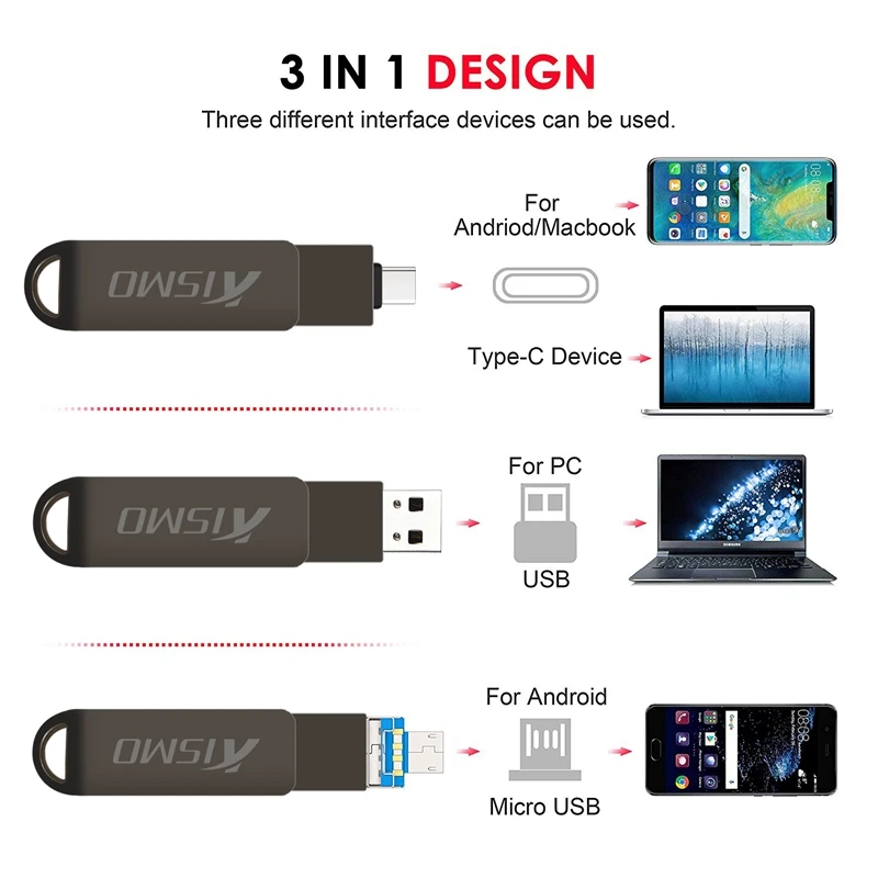 Kismo 3 in 1 USB3.0 Type-C Flash Drive 16gb 32gb 64gb 128gb Micro USB Memory OTG Pen for Android Phones PC | Компьютеры и офис