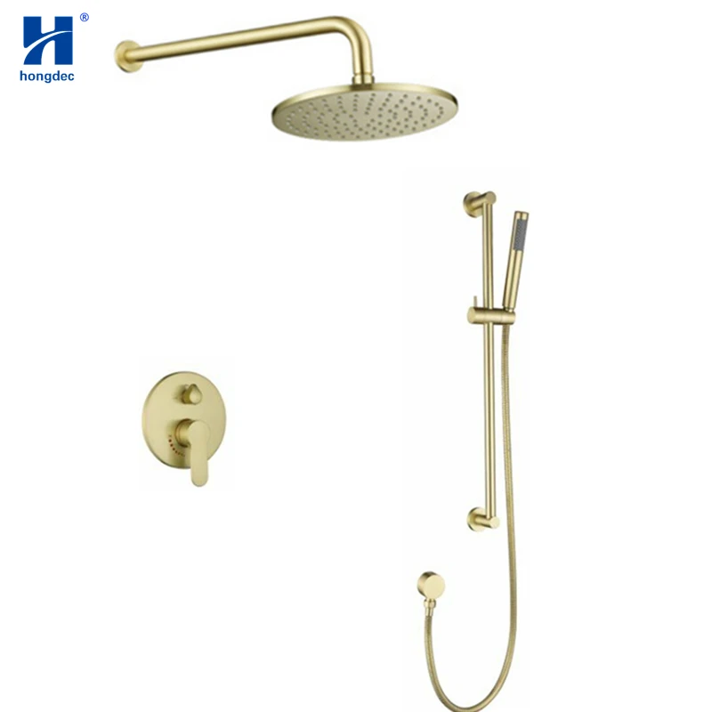 

Hongdec Concealed Bathroom Brass round 10" Brushed gold Rainfall Shower System mixer set