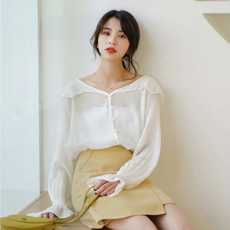 Женские прозрачные шифоновые весенние блузки Femme Ruffles фонарь рукав прозрачная