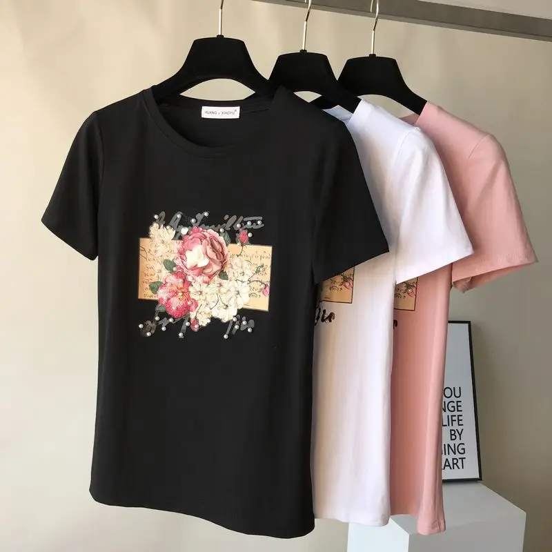 MUMUZI Модные женские футболки с цветочным принтом Kawaii, летние свободные футболки с короткими рукавами и круглым вырезом, повседневная одежда, розовые Топы Tumblr с бисером